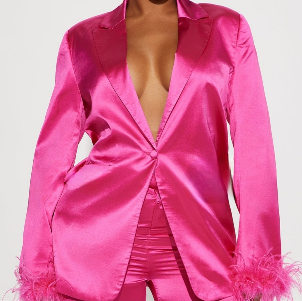 Pink Satin Blazer With Feathered Sleeves